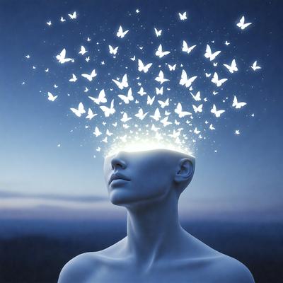 The primary subject of the image is a close-up of a person's head, with a bright light shining on it. The setting is a blue sky, and the visual style is digital art. The colors are predominantly blue, and the overall atmosphere is bright and vibrant.